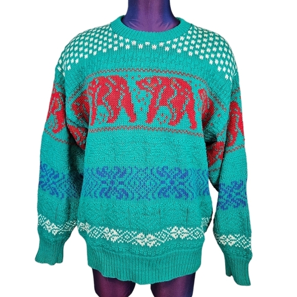 Vintage Lake Harmony Rowing Club Teal Bear Fair Isle Sweater Size Medium Men's - Picture 2 of 10
